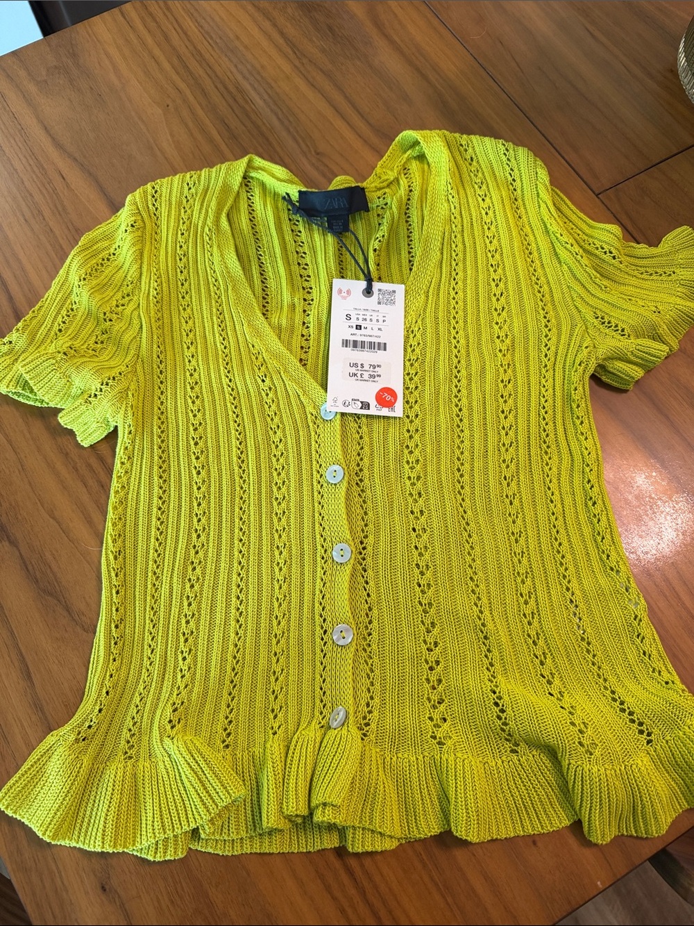 Zara Neon Yellow Openwork Button-Down Knit Top